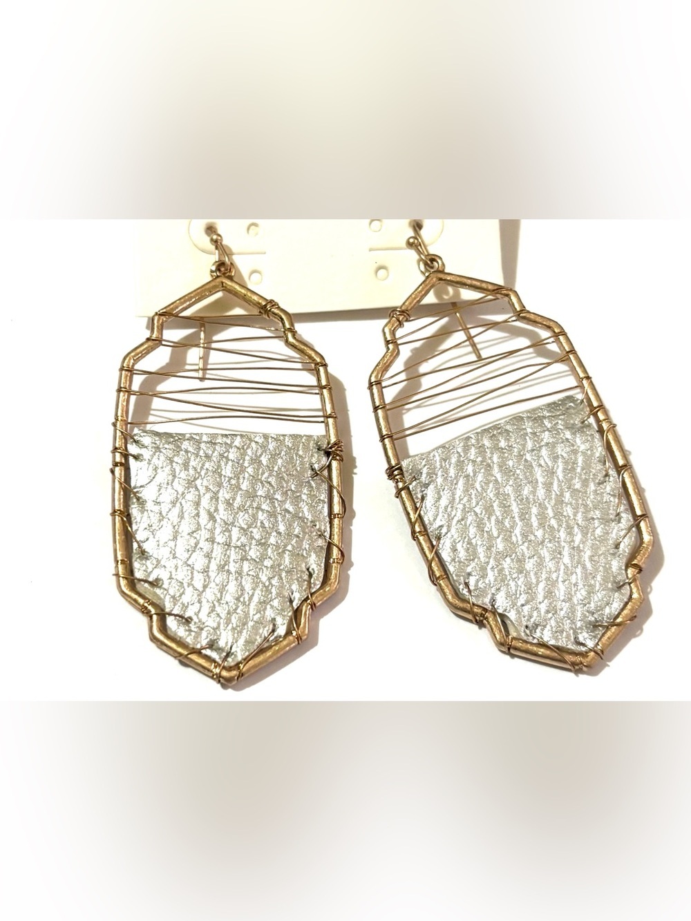 Gold-Trim Silver Textured Leather Drop Earrings